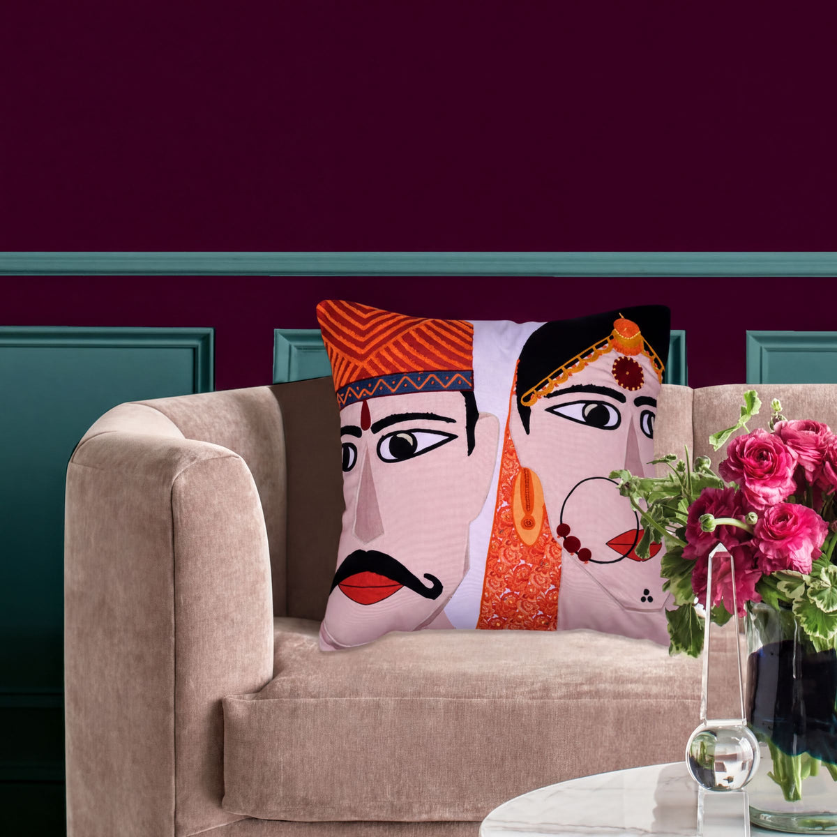 Set of 2 or 4 LDL0108-4 printed design throw pillow covers featuring man and woman illustrations, 18x18 inches.