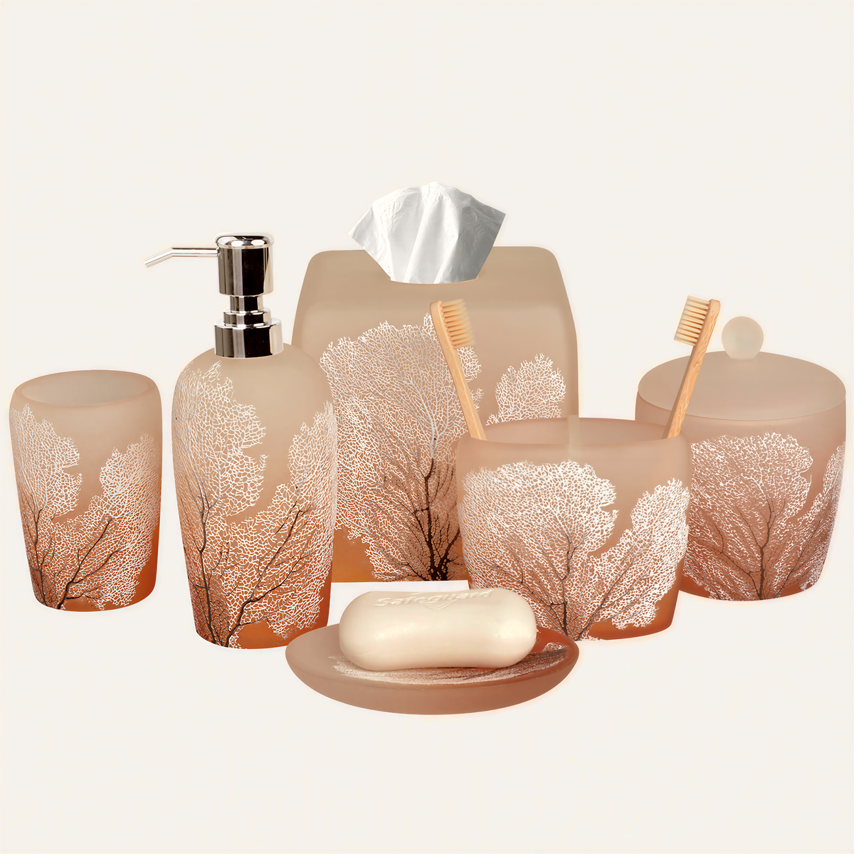 Set of six elegant modern bathroom decor accessories from The Carruthers Collection by AH7005, featuring sleek bath accessories.