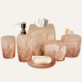 Set of six elegant modern bathroom decor accessories from The Carruthers Collection by AH7005, featuring sleek bath accessories.