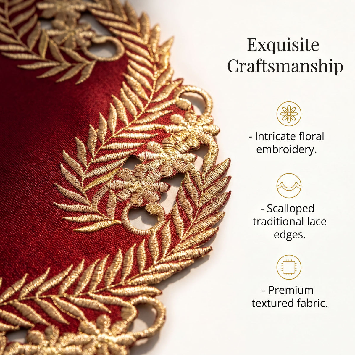 Set of Burgundy gold RIZ-011-DL Wine Grace doilies from the Anyce Collection, 15-inch modern dining décor with intricate lace design.