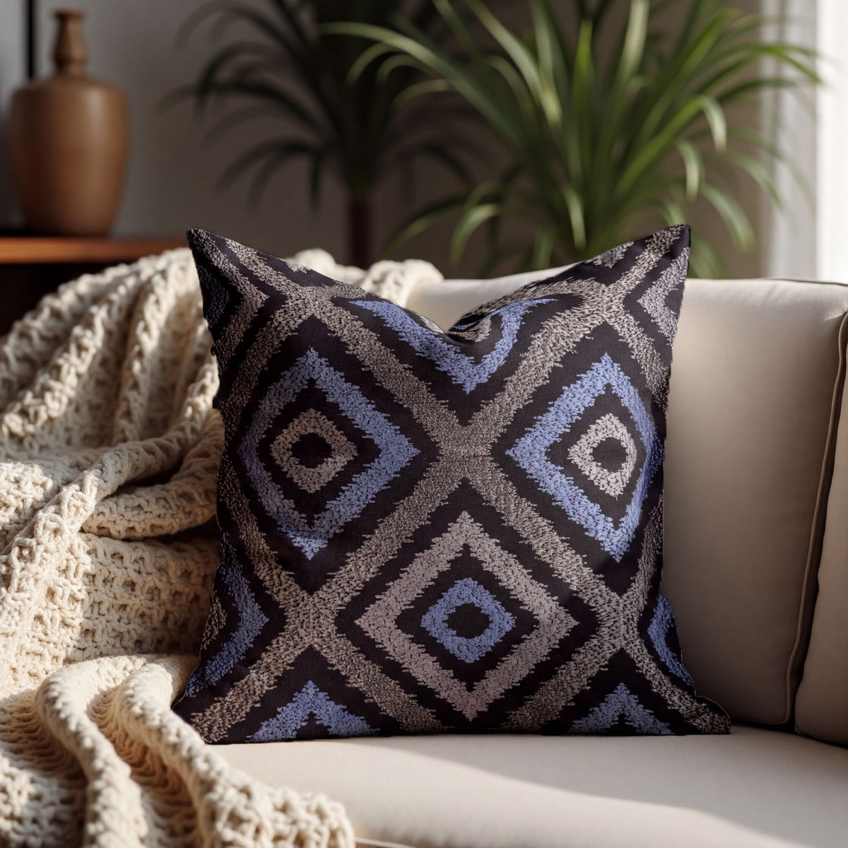 Blue and gray throw pillow cover from brand #017, 20x20 inches, featuring soft fabric and modern decorative design.