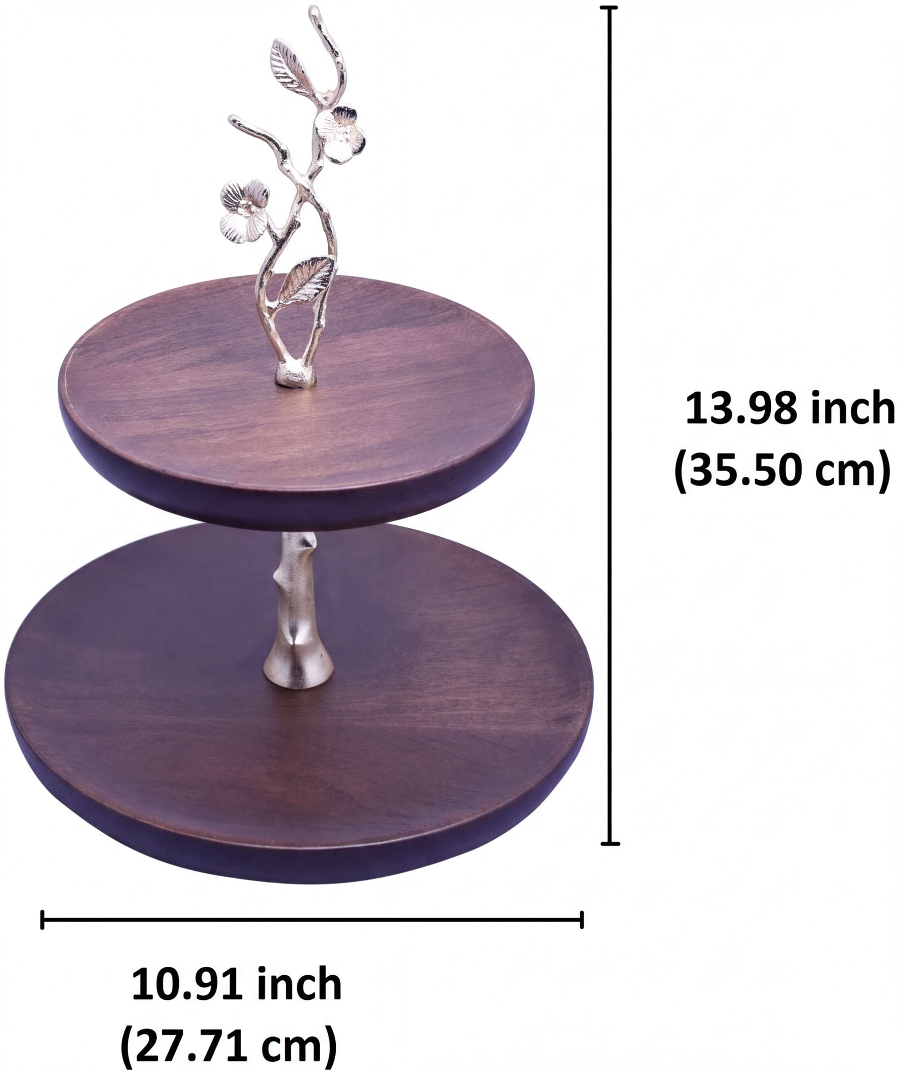 Two-tier wood cake stand for kitchen décor, featuring a natural wood finish and elegant design for displaying baked goods.