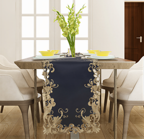 Black gold table runner from RIZ-010-RN Ebony Bloom collection, elegant decorative 14x108 inch fabric for tables.