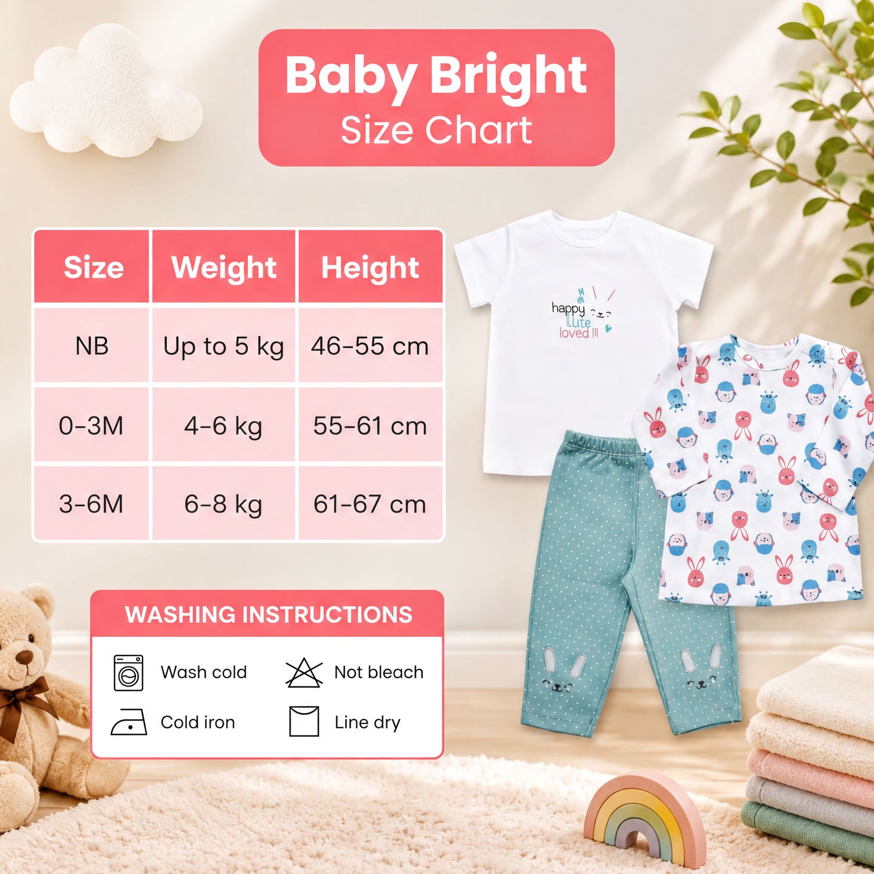 The image is a size chart for baby clothing, including a t-shirt, pants, and a blanket. The chart provides measurements for different age groups, such as 0-3M, 3-6M, and 3-6M, along with corresponding weights and heights. The chart also includes washing instructions for the baby clothing items.