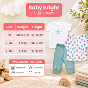The image is a size chart for baby clothing, including a t-shirt, pants, and a blanket. The chart provides measurements for different age groups, such as 0-3M, 3-6M, and 3-6M, along with corresponding weights and heights. The chart also includes washing instructions for the baby clothing items.