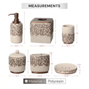 Set of six beige Stella Collection modern bathroom décor accessories by AH8312B, including soap dispenser, toothbrush holder, and more.