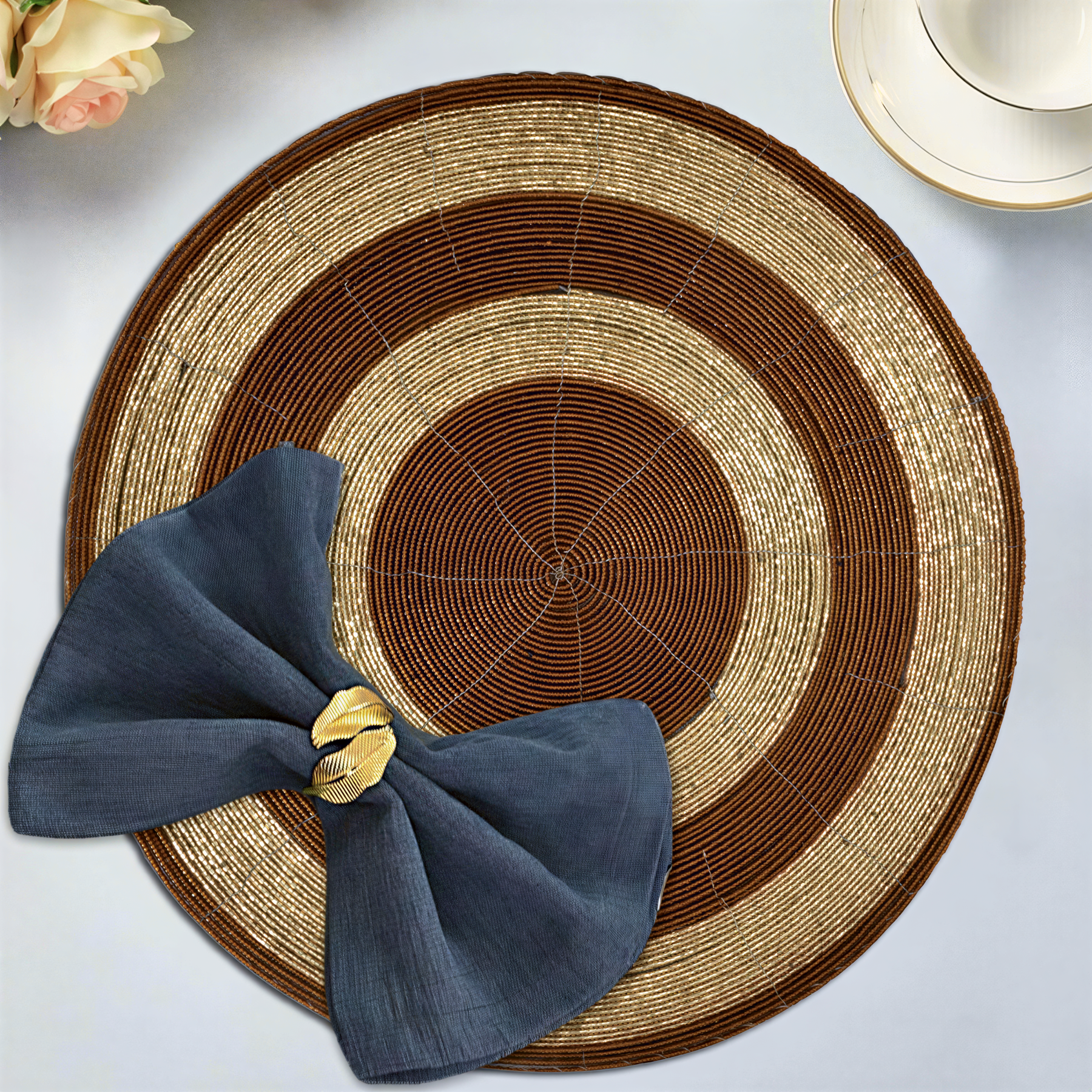 Set of four Dillen Grace beaded placemats from The Dillen Collection, elegant 14-inch decorative dining table placemats.