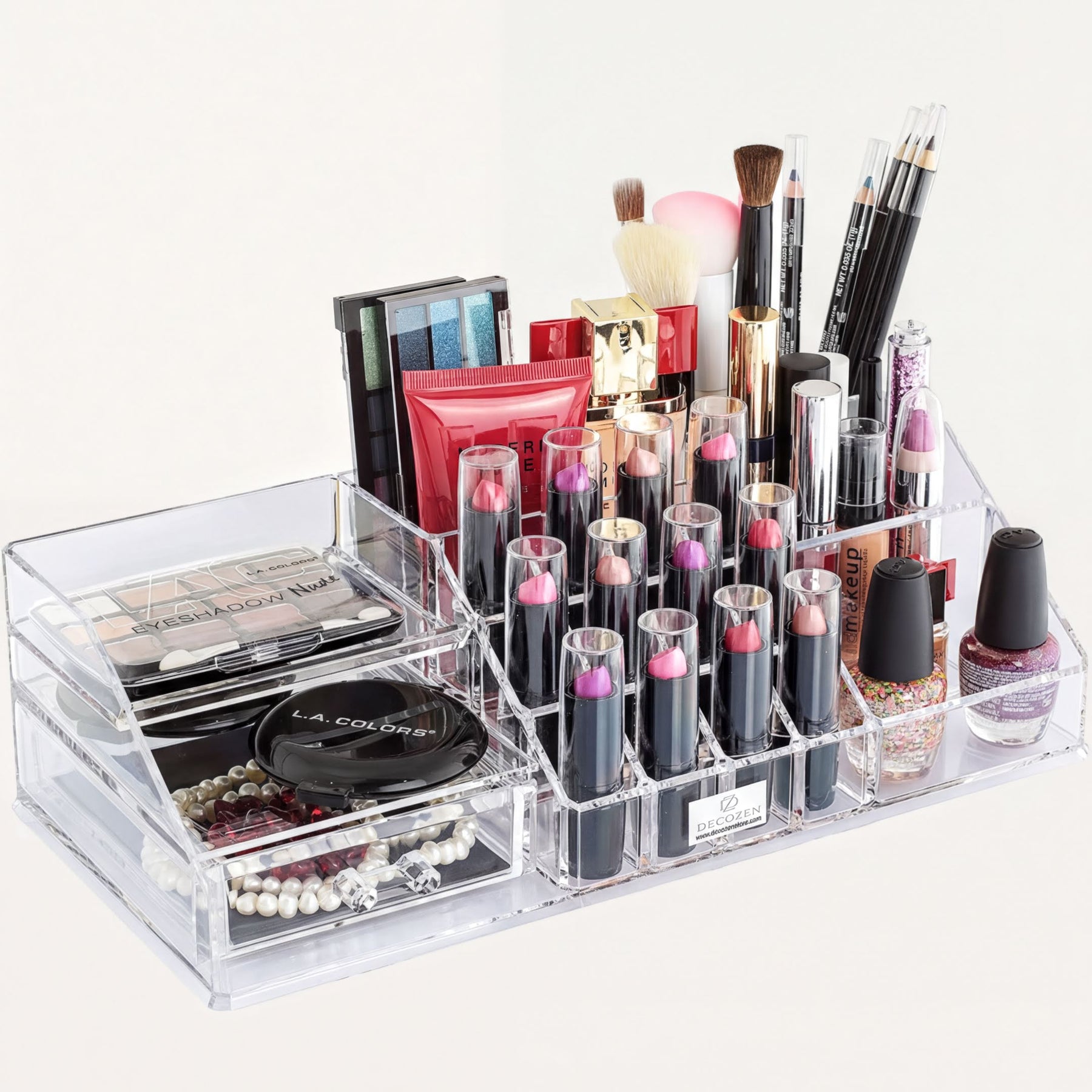 Clear F1215 makeup organiser with 19 slots and 1 drawer, perfect for storing cosmetics and beauty tools.