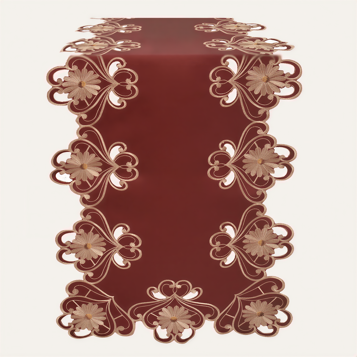 Imperial Red and Gold Lace Table Runner by RIZ, European embroidery, decorative dresser scarf, 14x108 inches on a table.
