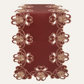Imperial Red and Gold Lace Table Runner by RIZ, European embroidery, decorative dresser scarf, 14x108 inches on a table.