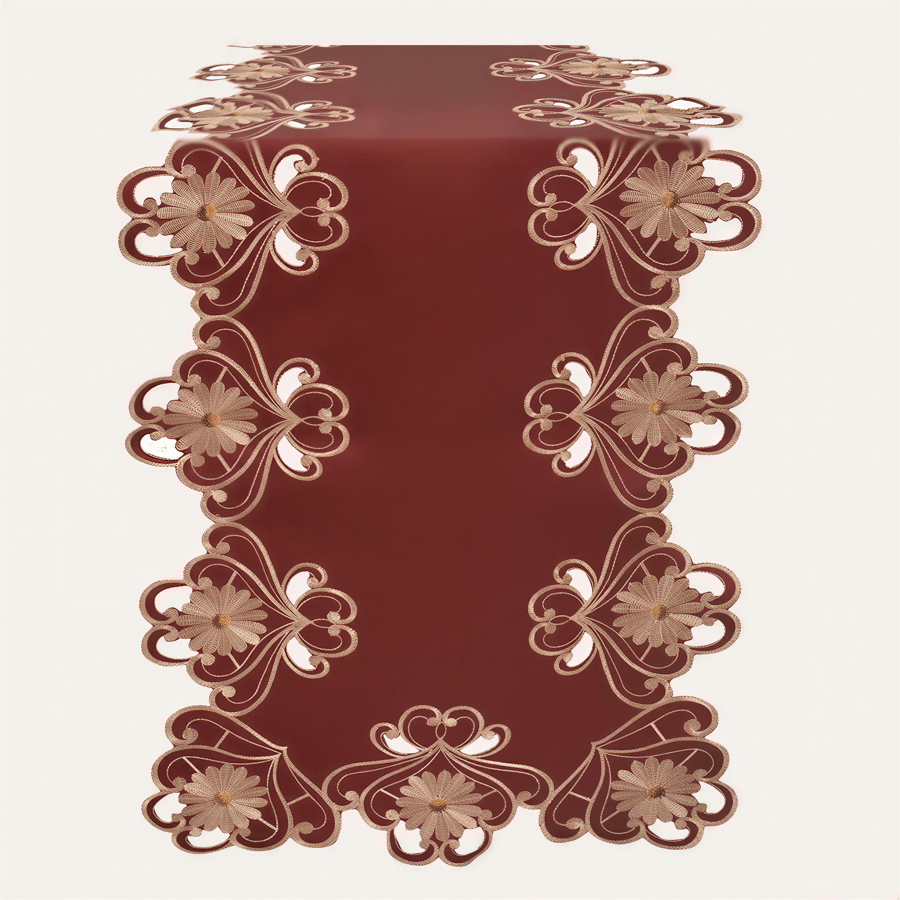 Imperial Red and Gold Lace Table Runner by RIZ, European embroidery, decorative dresser scarf, 14x108 inches on a table.