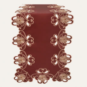 Imperial Red and Gold Lace Table Runner by RIZ, European embroidery, decorative dresser scarf, 14x108 inches on a table.