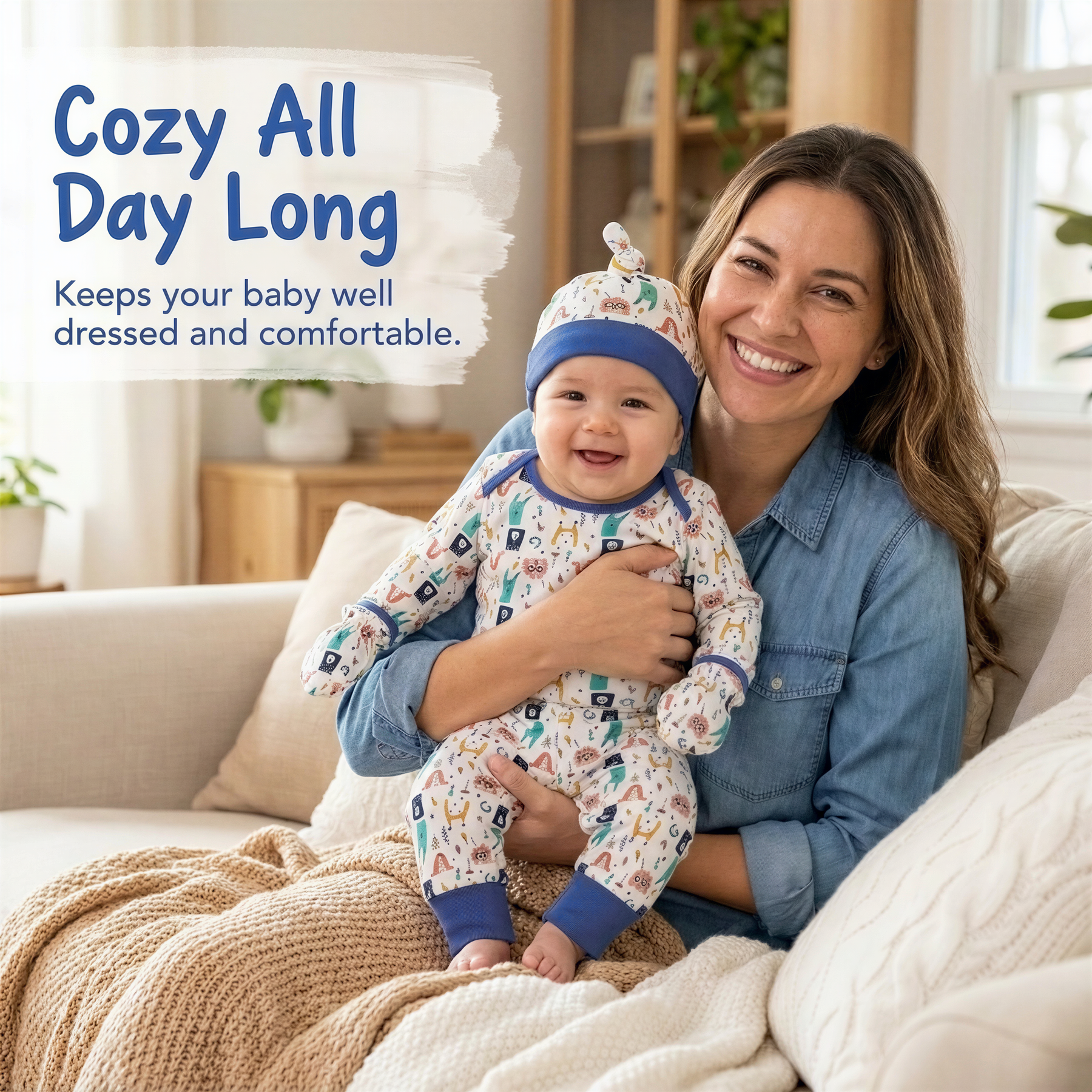 A smiling woman in a denim shirt is holding a baby in a cozy outfit, sitting on a couch with a beige blanket.