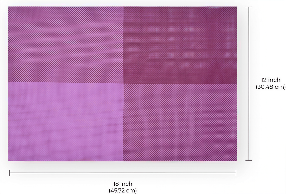 Pink and purple PVC placemats with a textured surface, heat-resistant, washable, and wipeable for indoor and outdoor dining.