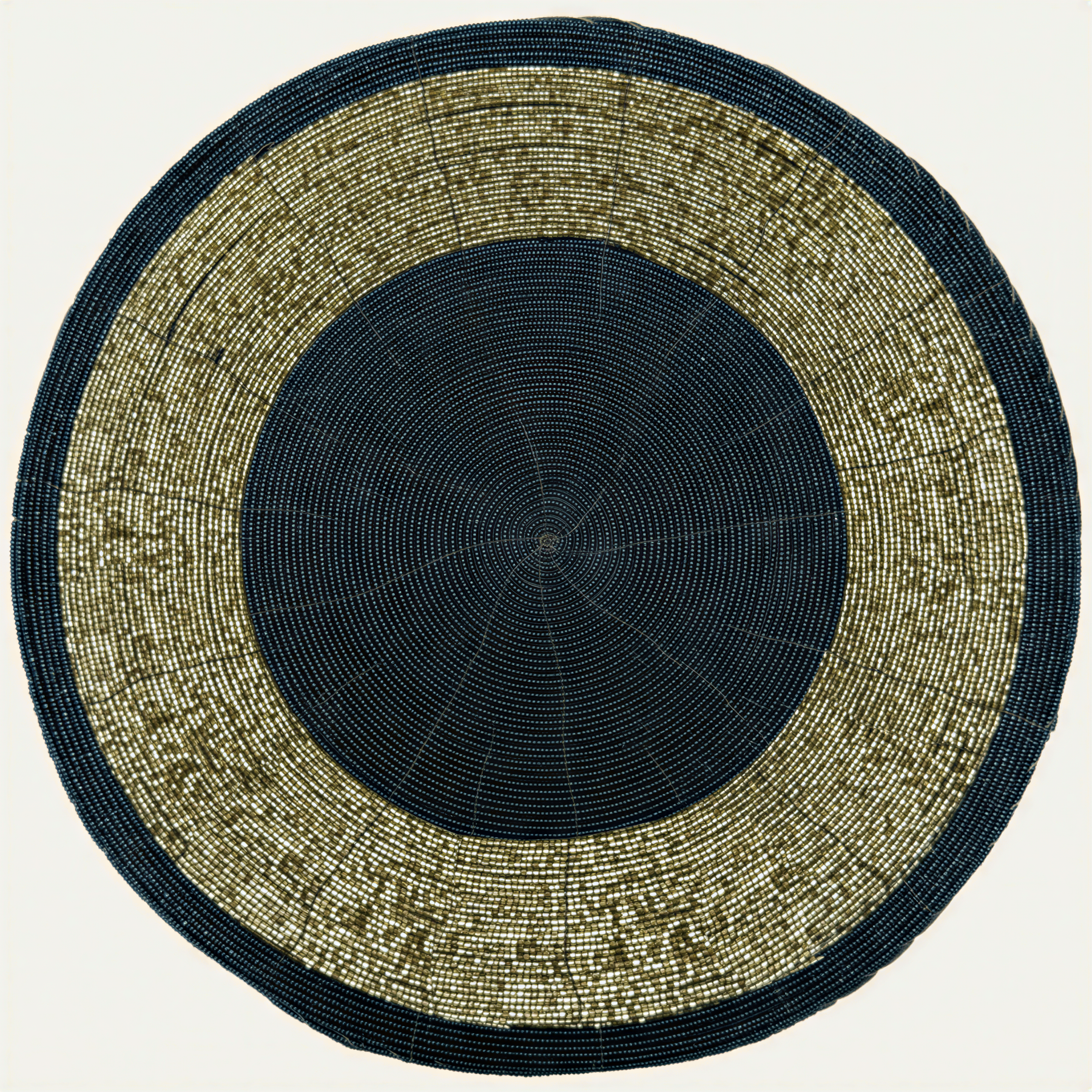 Set of 8 Midnight Dusk beaded placemats by BD 036 043, round dark blue and gold table mats, 14 inches, heat-resistant and durable.