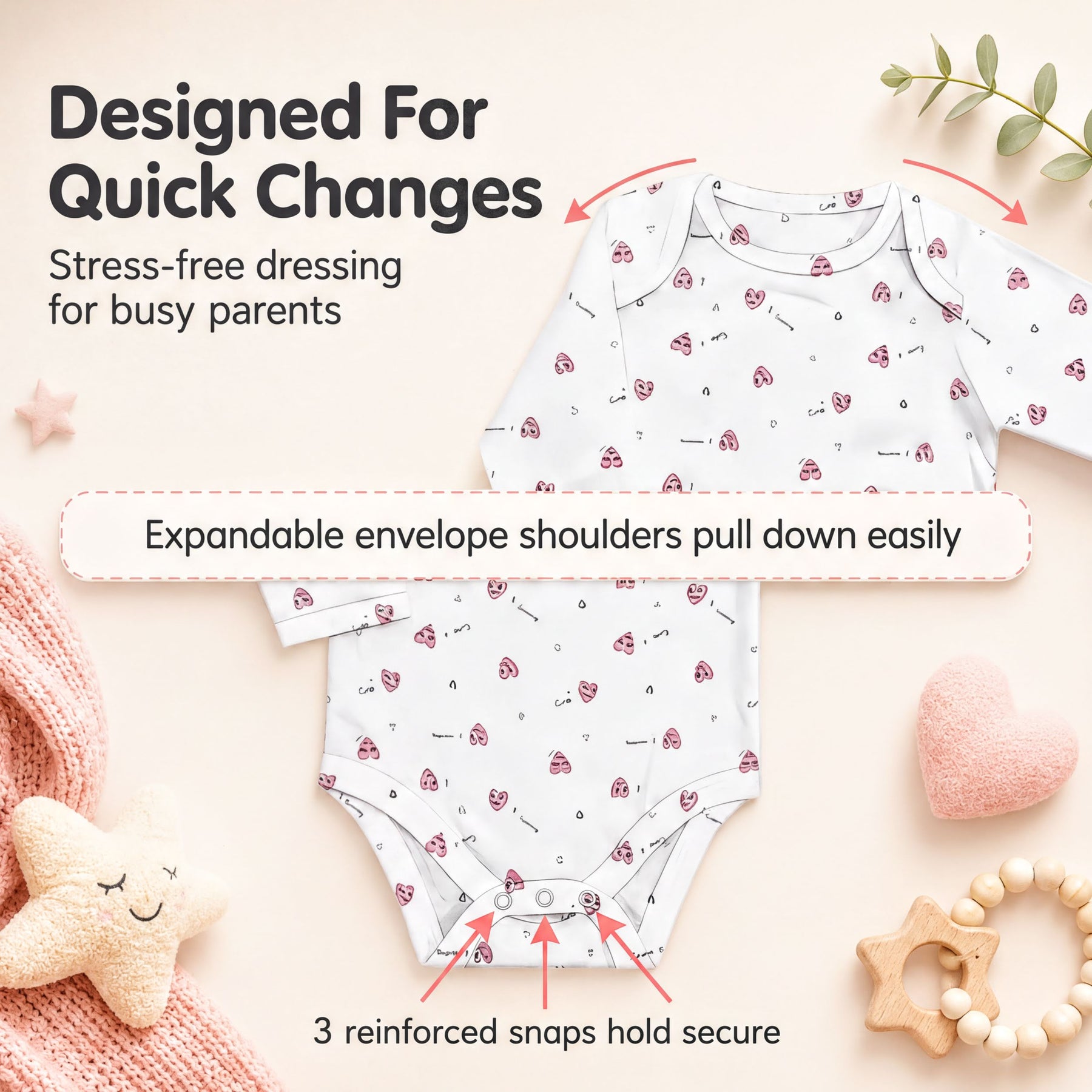 The image is a promotional graphic for a baby outfit designed for quick changes. It features a white baby onesie with a pattern of red hearts, an adjustable expandable envelope shoulder, and three reinforced snaps to hold the outfit securely.