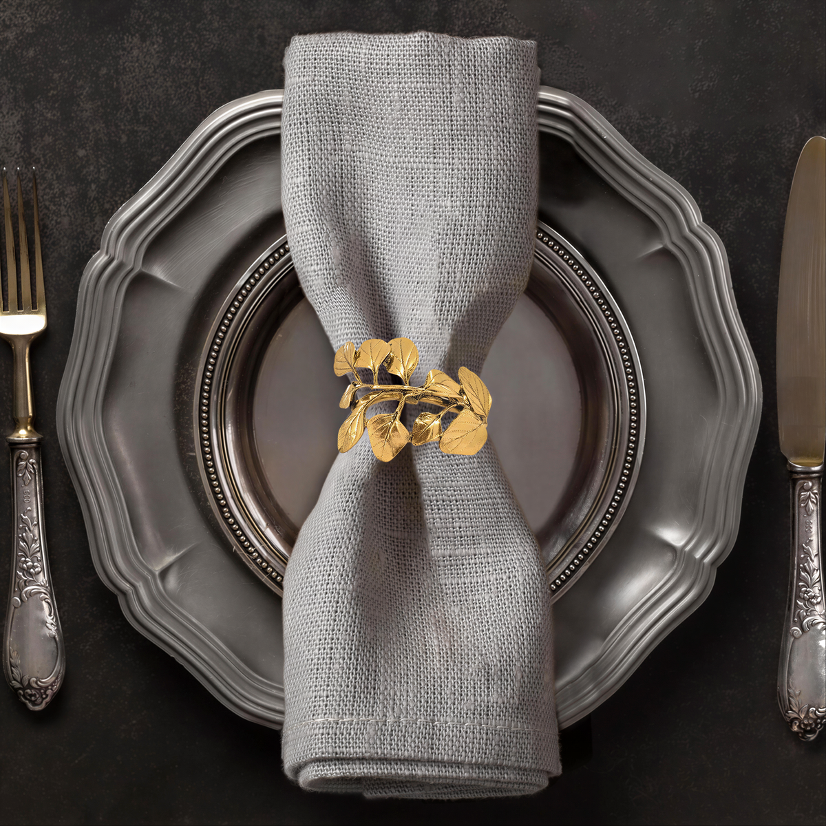 Golden Harmony gold leaf napkin rings set from YGC-006, featuring elegant decorative design for stylish dining table décor.