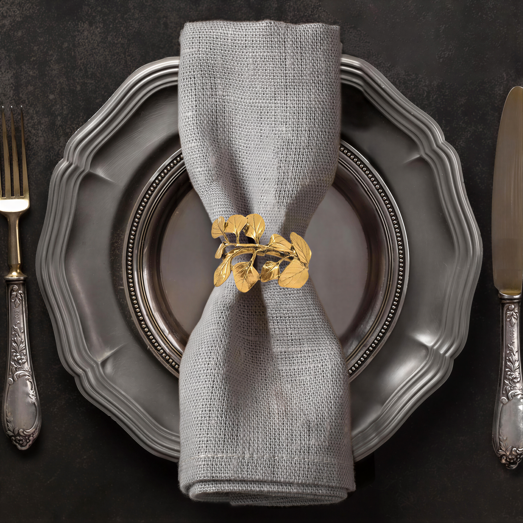 Golden Harmony gold leaf napkin rings set from YGC-006, featuring elegant decorative design for stylish dining table décor.