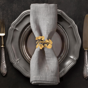 Golden Harmony gold leaf napkin rings set from YGC-006, featuring elegant decorative design for stylish dining table décor.