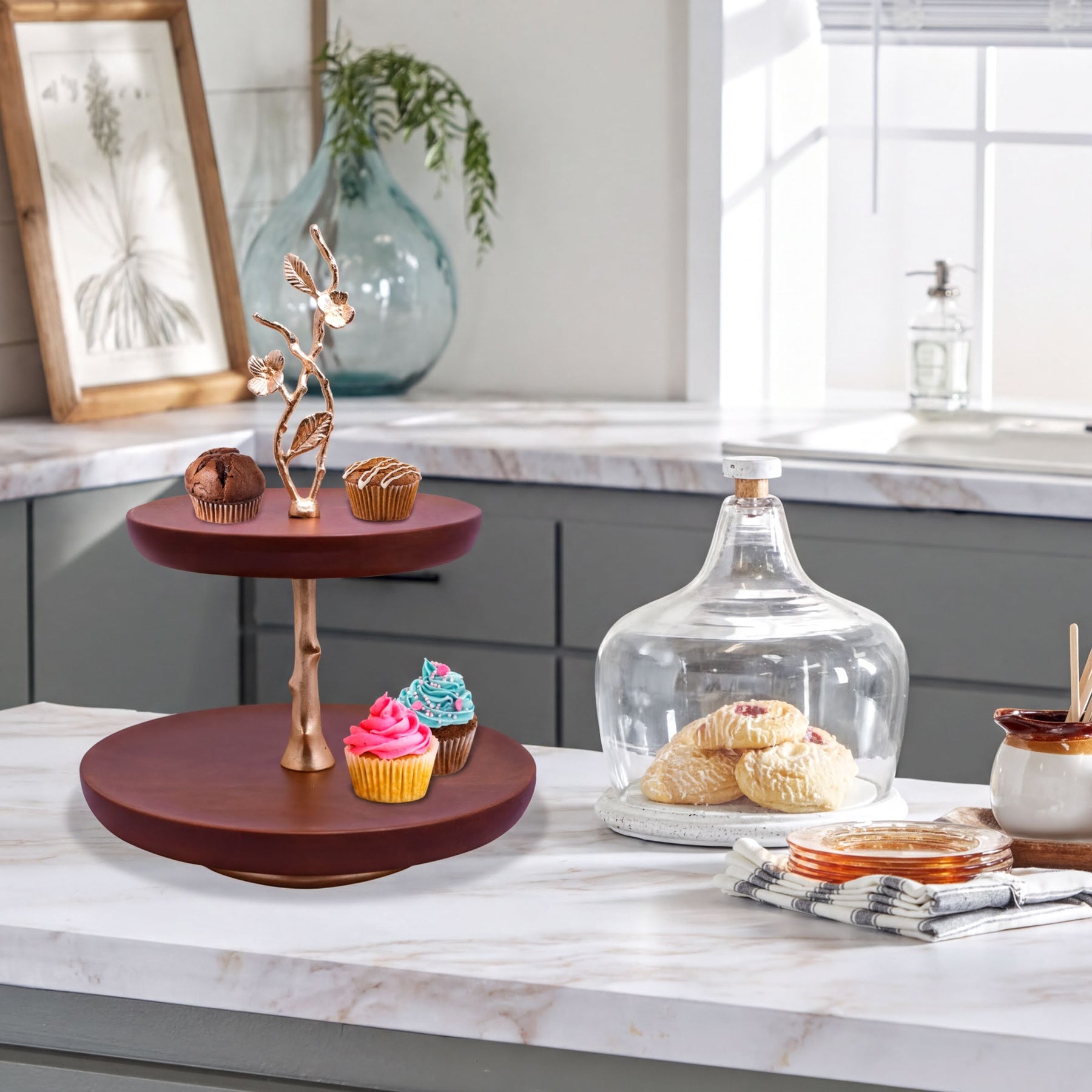 Two-tier wooden cake stand for kitchen decor, featuring a natural wood finish and elegant design by 817040.