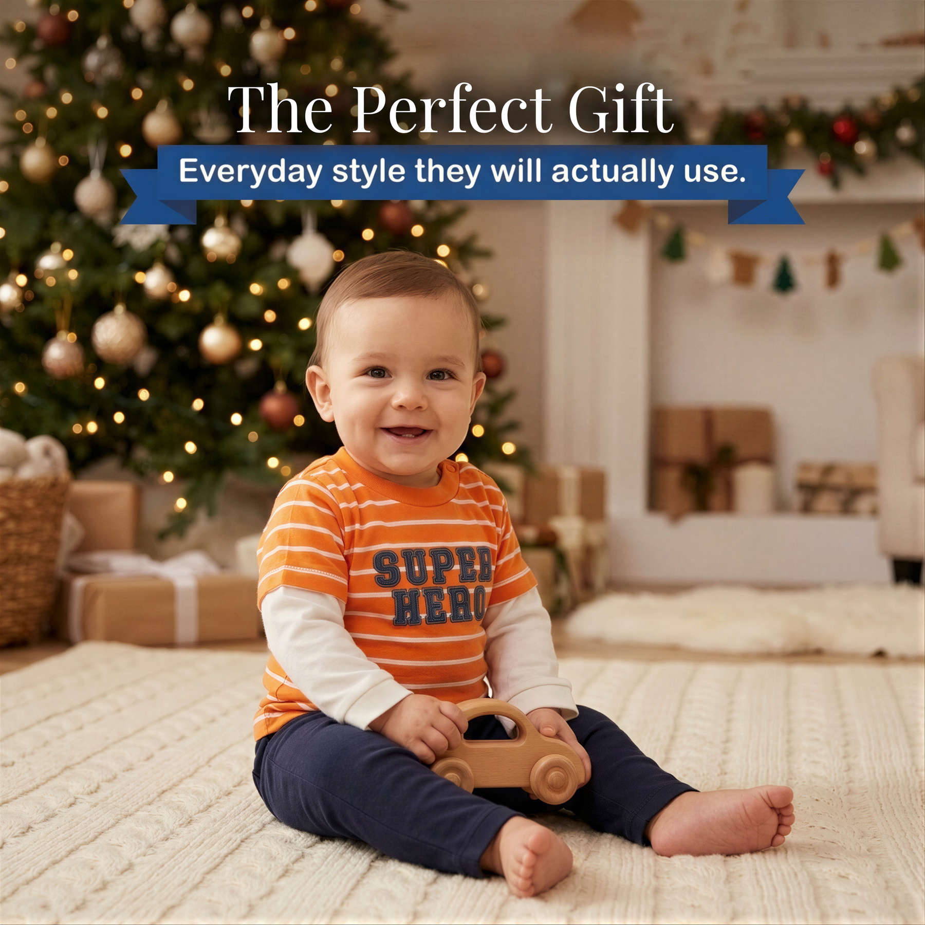 A smiling baby boy in an orange and blue striped shirt sits on a white rug, holding a wooden toy car, with a Christmas tree and presents in the background.