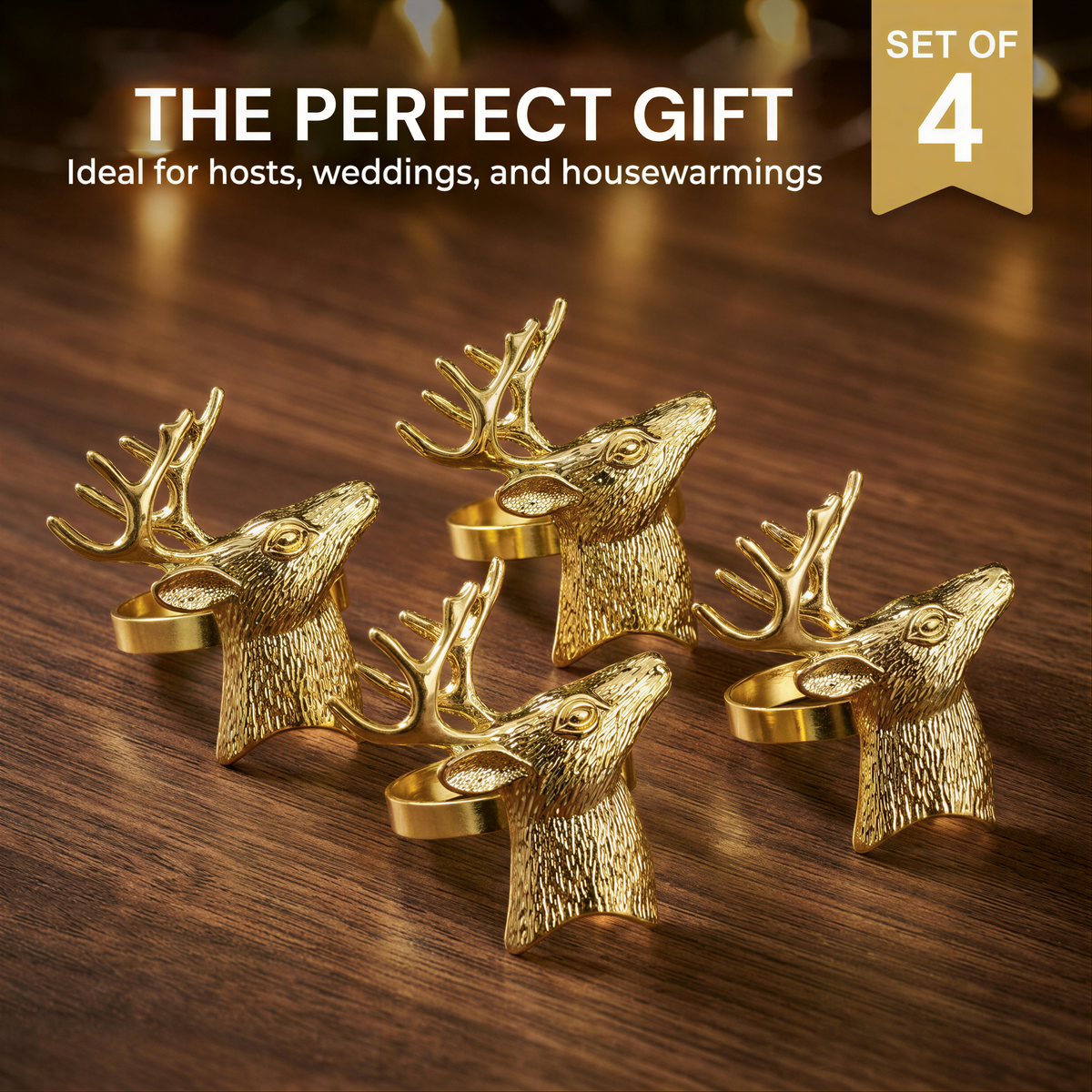 A set of four golden deer head coasters arranged on a wooden surface.