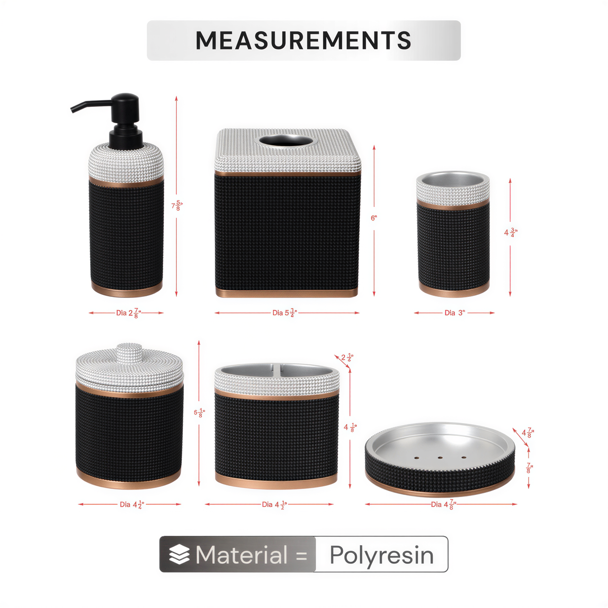 The image is a collage of six black and white bathroom accessories, each with its own size and shape, along with their corresponding measurements. The accessories include a soap dispenser, tissue box, cup, brush, and a lid. The image provides a clear visual representation of the dimensions and features of these bathroom items.