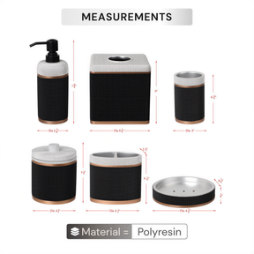 The image is a collage of six black and white bathroom accessories, each with its own size and shape, along with their corresponding measurements. The accessories include a soap dispenser, tissue box, cup, brush, and a lid. The image provides a clear visual representation of the dimensions and features of these bathroom items.