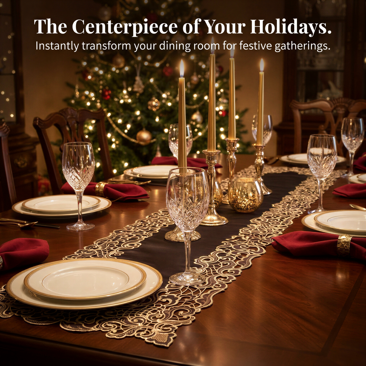 a beautifully set dining table with a Christmas tree in the background, creating a festive atmosphere.