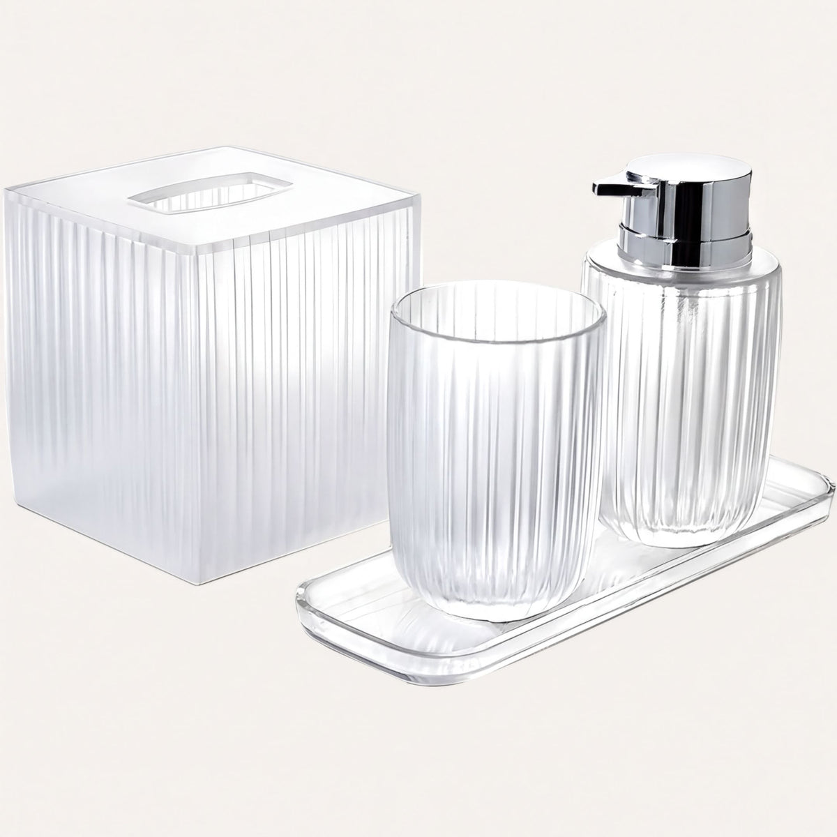 Elegant modern bathroom decor accessories set of 4 from The Shirah Collection, including soap dispenser, tray, tumbler, and tissue box.