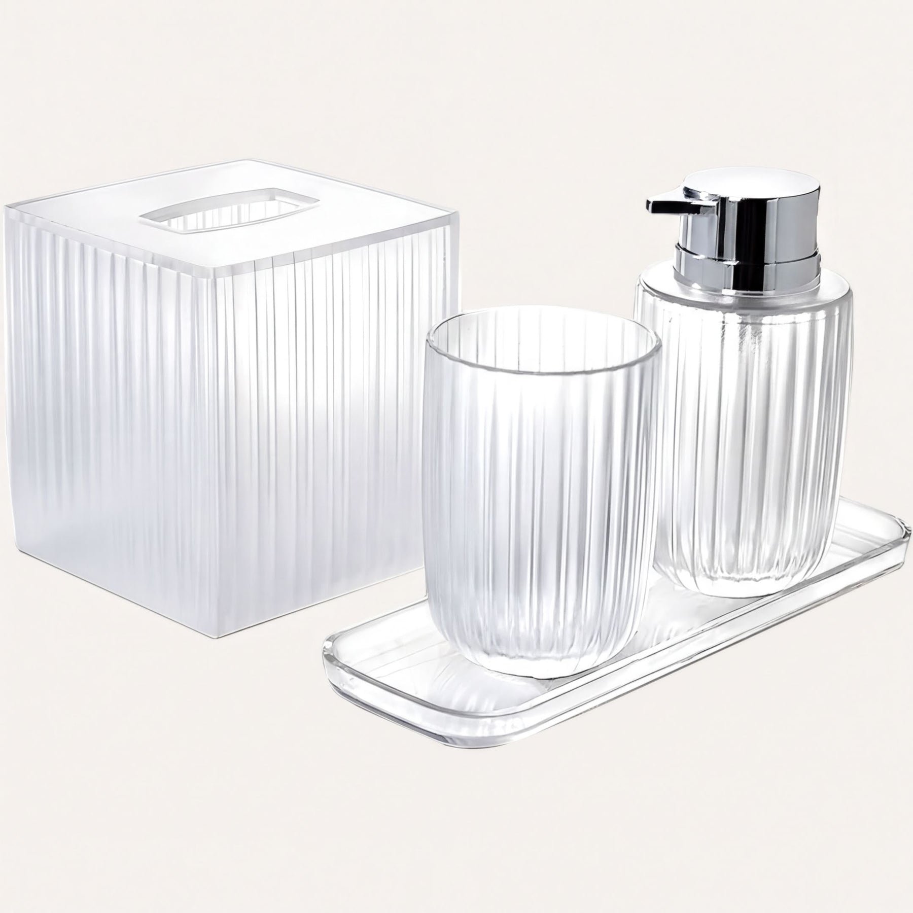 Elegant modern bathroom decor accessories set of 4 from The Shirah Collection, including soap dispenser, tray, tumbler, and tissue box.