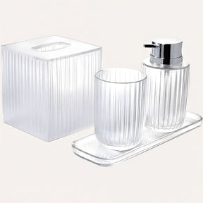 Elegant modern bathroom decor accessories set of 4 from The Shirah Collection, including soap dispenser, tray, tumbler, and tissue box.