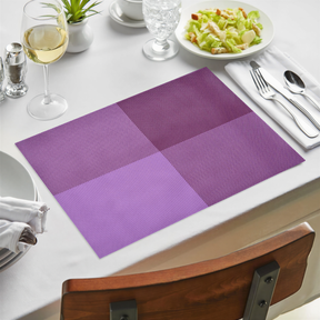 Pink and purple PVC placemats by 22255, heat-resistant, washable vinyl table protectors, suitable for indoor and outdoor use.
