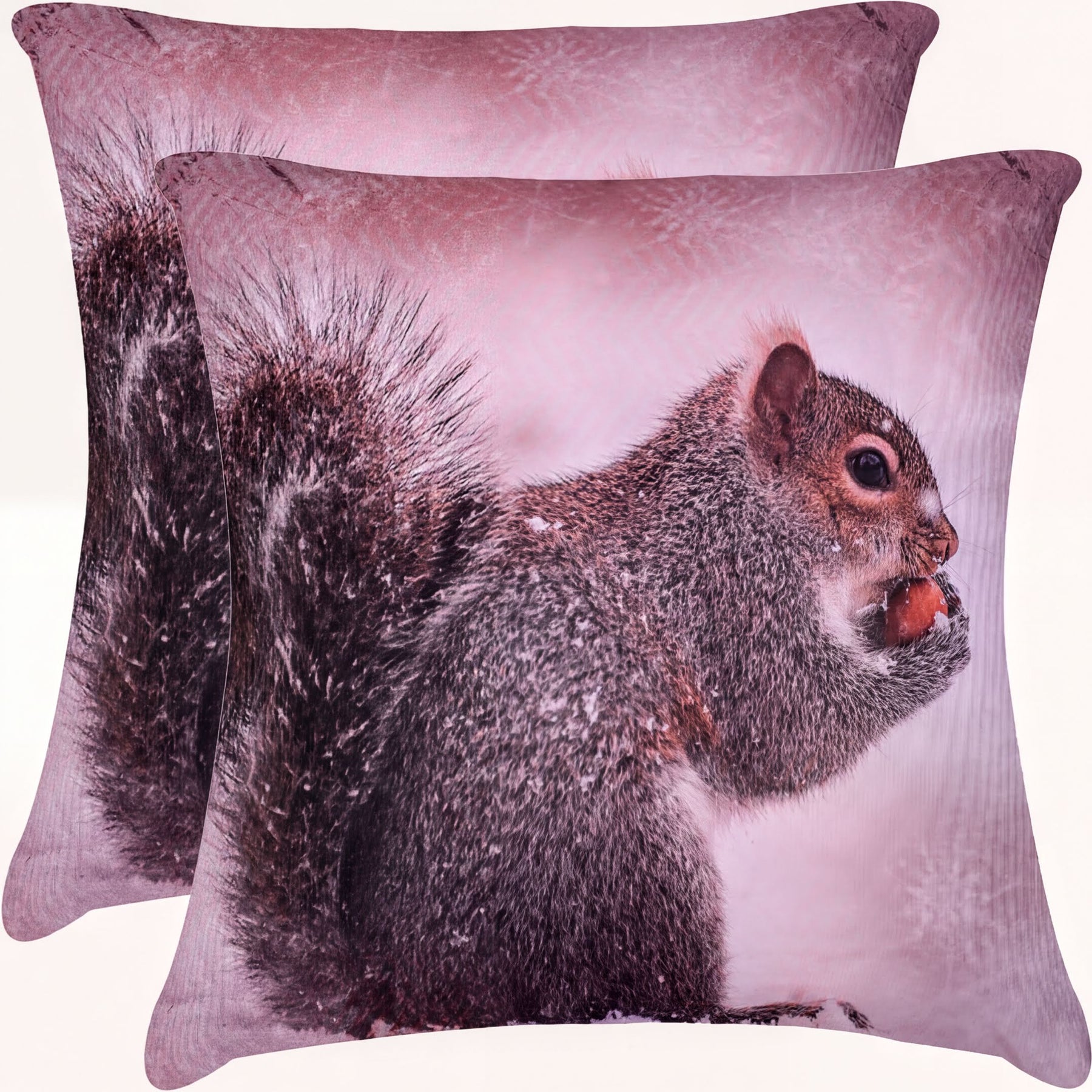 Set of four WINTER 6-4 squirrel printed throw pillow covers, 18x18 inches, featuring detailed squirrel design on soft fabric.
