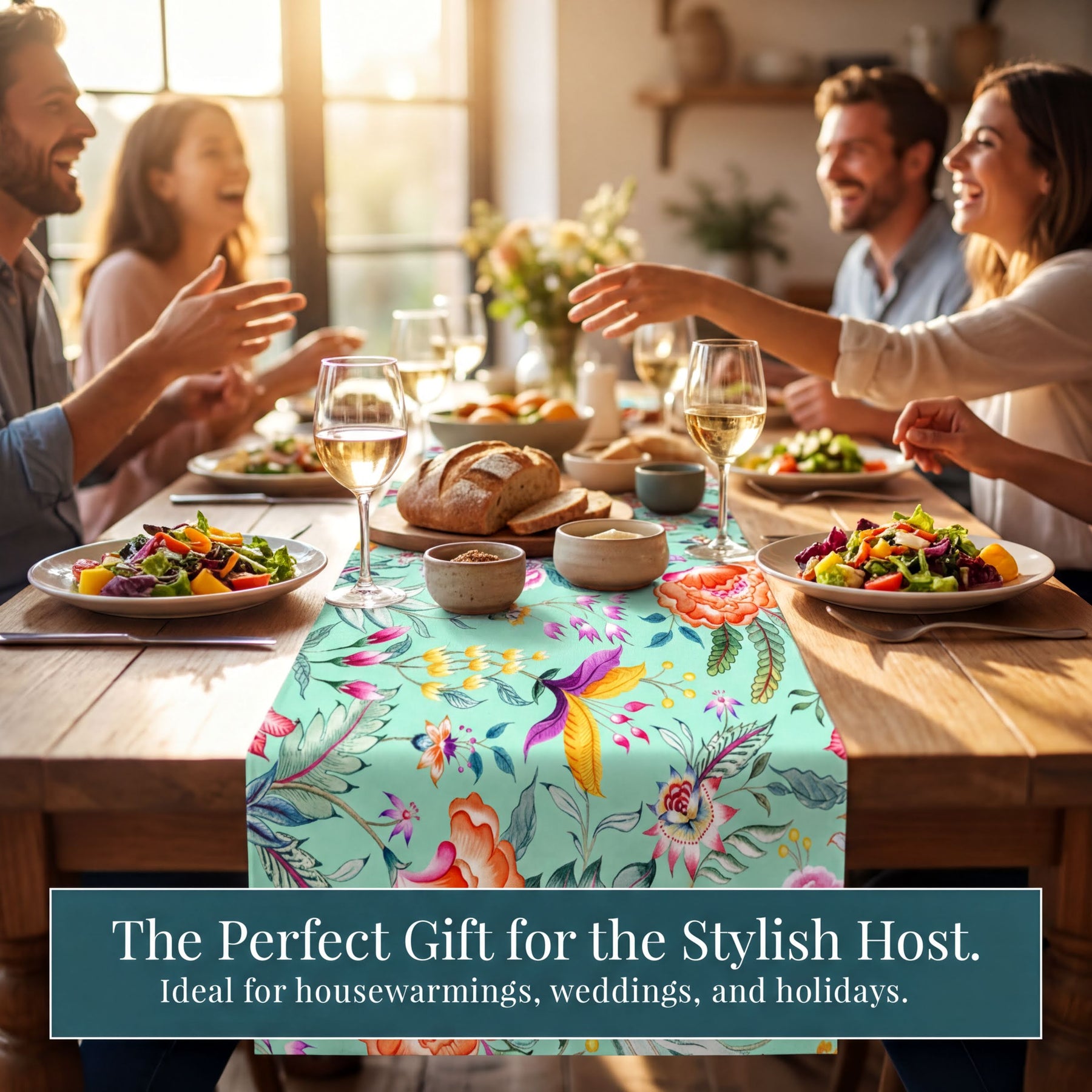 A group of people enjoying a meal together at a table with a floral table runner, wine glasses, and various dishes of food.