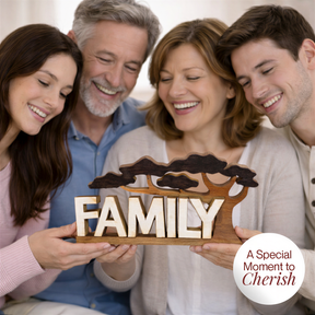 Hand-carved wooden sculpture from Forever Family by LAY021, decorative home art piece illustrating a family scene.