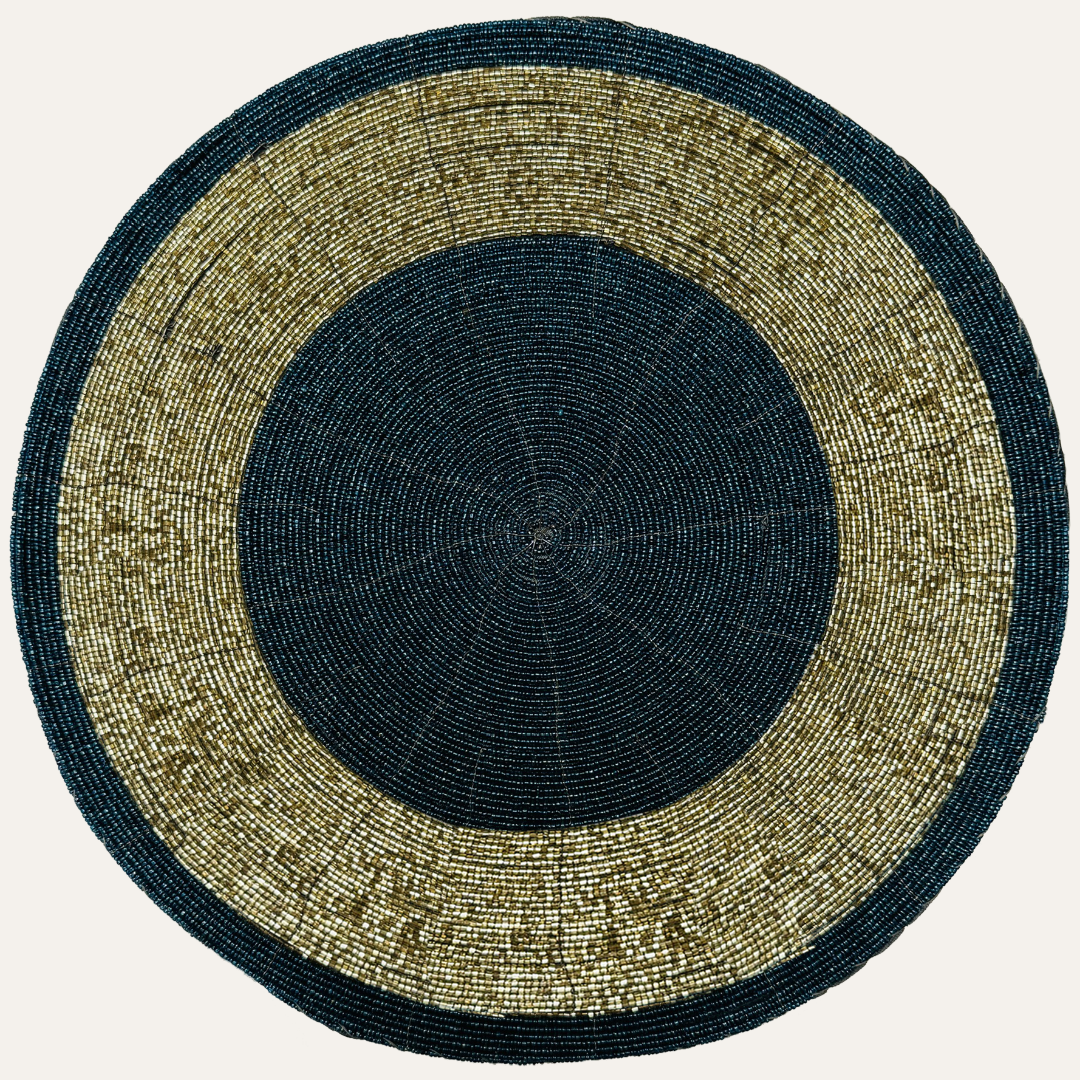 Midnight Dusk – Round Beaded Placemats, Dark Blue and Gold Elegant Heat-Resistant Table Mats 14 inch - Decozen