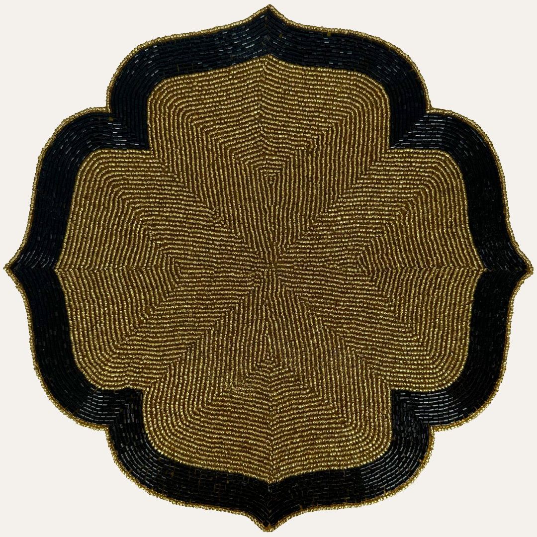 Set of four Midnight Ember beaded placemats in gold and black, 14-inch embroidered heat-resistant table décor by PM1049.