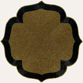 Set of four Midnight Ember beaded placemats in gold and black, 14-inch embroidered heat-resistant table décor by PM1049.