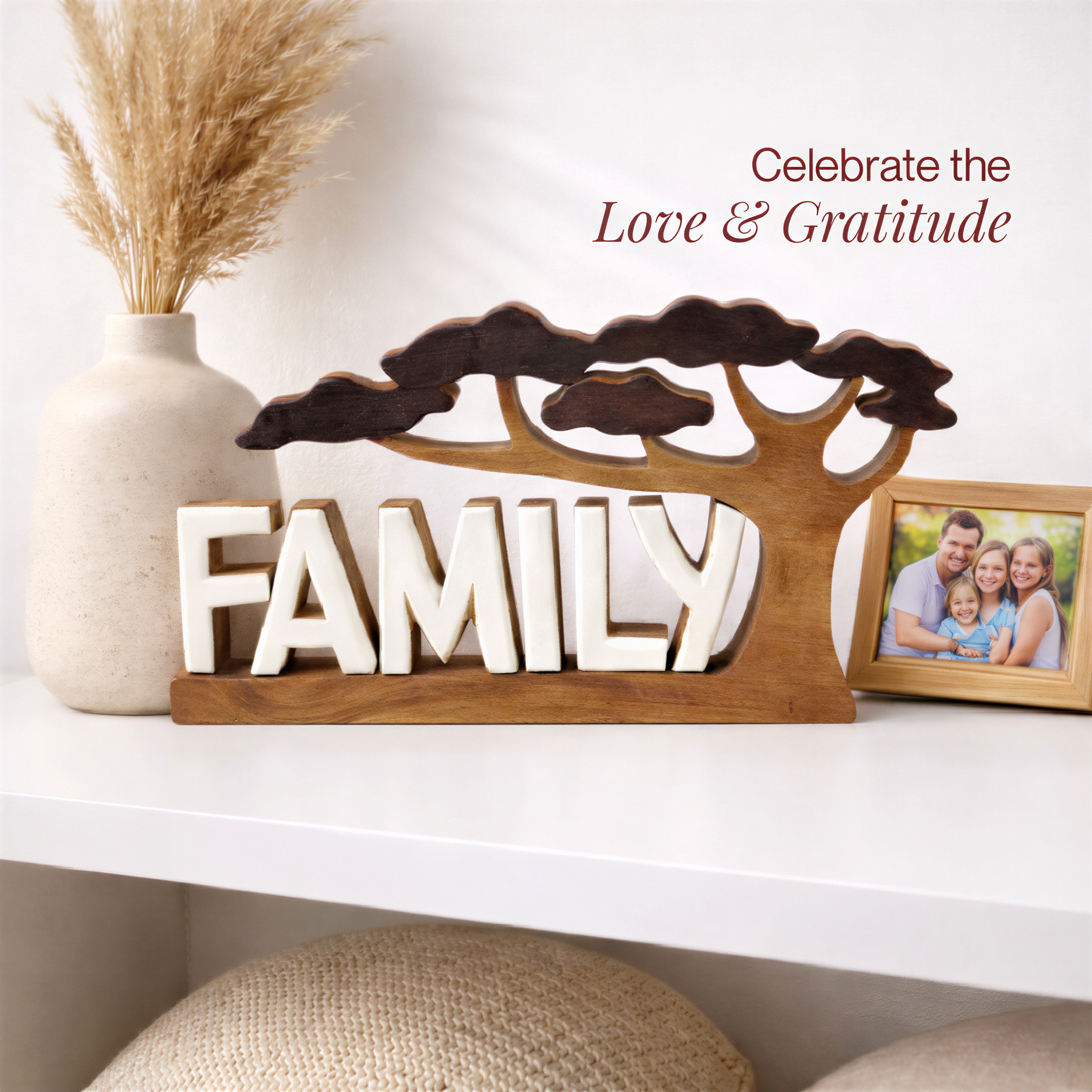 Hand-carved wooden sculpture from Forever Family, decorative home art by LAY021, featuring a handmade wooden décor piece.