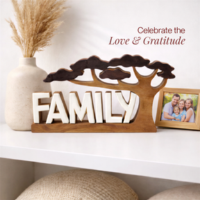 Hand-carved wooden sculpture from Forever Family, decorative home art by LAY021, featuring a handmade wooden décor piece.