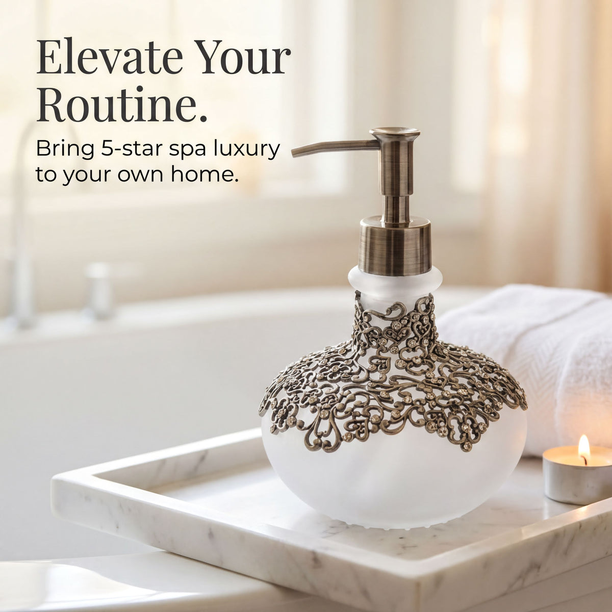 Elegant Haven modern decorative lotion dispenser from LB 22725, handmade soap dispenser for bathroom decor.