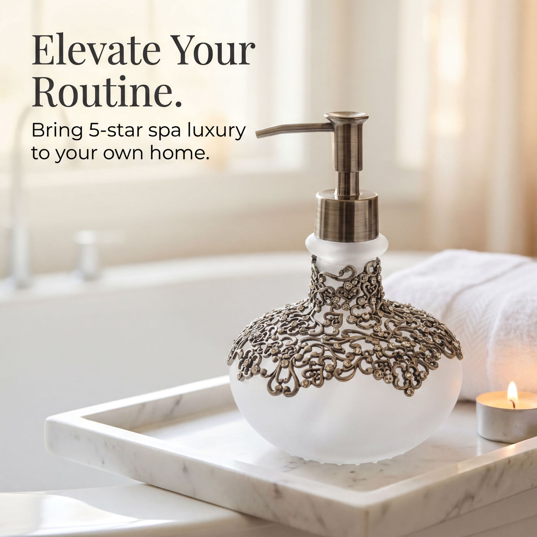 Elegant Haven modern decorative lotion dispenser from LB 22725, handmade soap dispenser for bathroom decor.