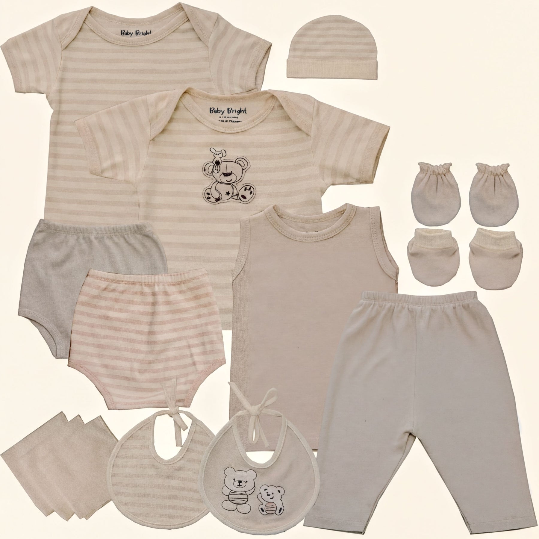 A collection of baby clothing and accessories, including onesies, bibs, hats, and mittens, arranged on a light background.
