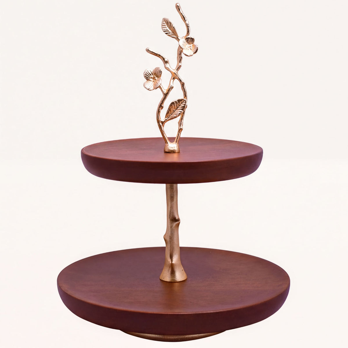 Two-tier wooden cake stand for kitchen décor, featuring a natural wood finish and elegant design.