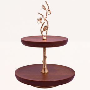 Two-tier wooden cake stand for kitchen décor, featuring a natural wood finish and elegant design.