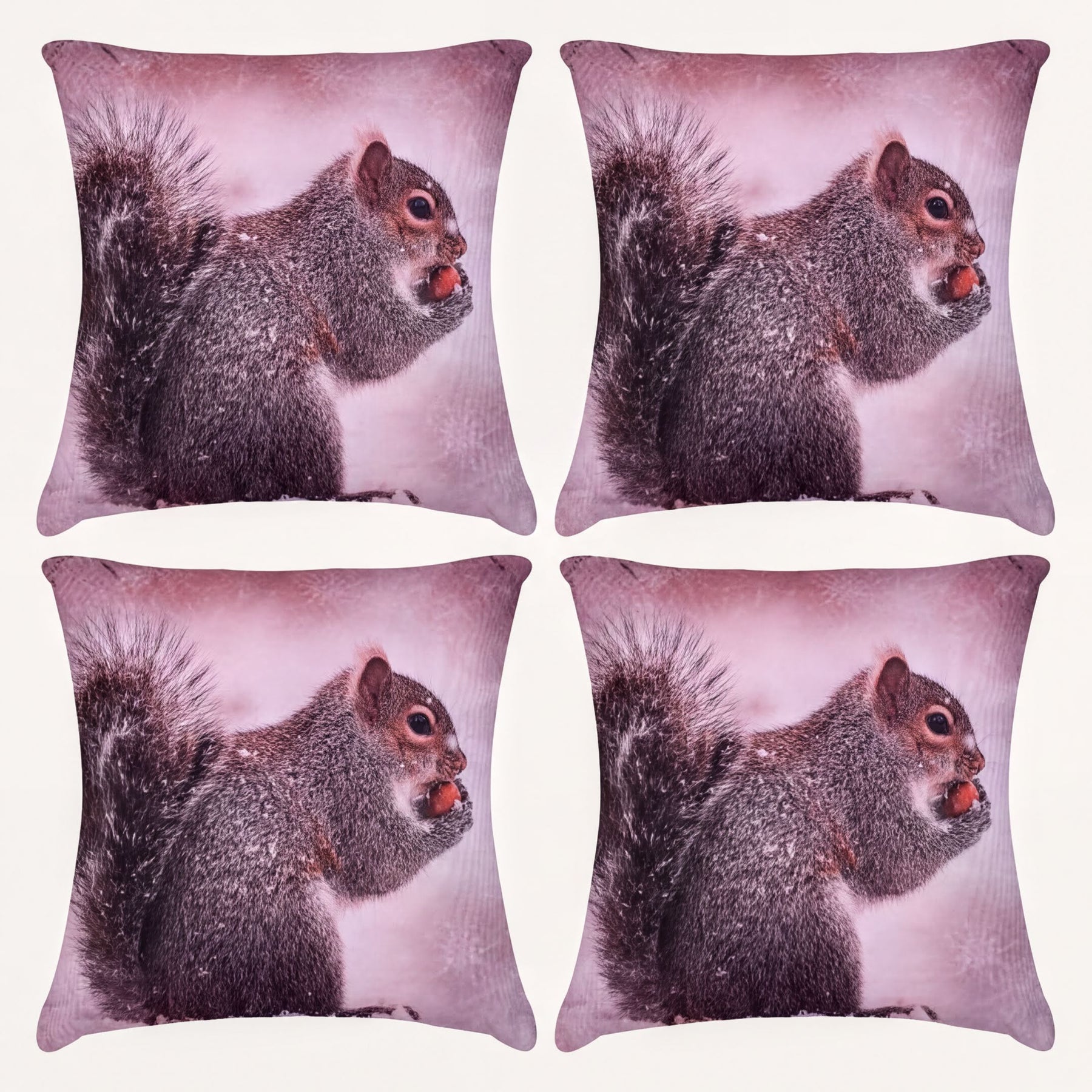 Set of 2 or 4 WINTER 6-4 squirrel printed throw pillow covers, 18x18 inches, featuring detailed squirrel design on fabric.