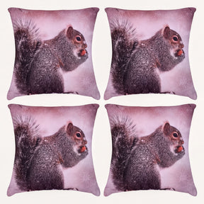 Set of 2 or 4 WINTER 6-4 squirrel printed throw pillow covers, 18x18 inches, featuring detailed squirrel design on fabric.