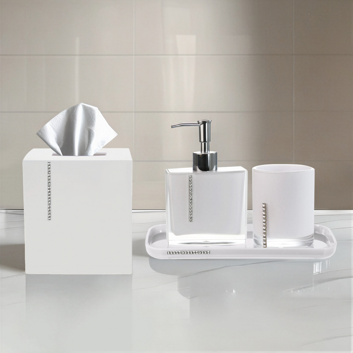 Set of four crystal white bathroom accessories including soap dispenser, toothbrush holder, tumbler, and soap dish by B031CWH.