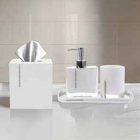 Set of four crystal white bathroom accessories including soap dispenser, toothbrush holder, tumbler, and soap dish by B031CWH.